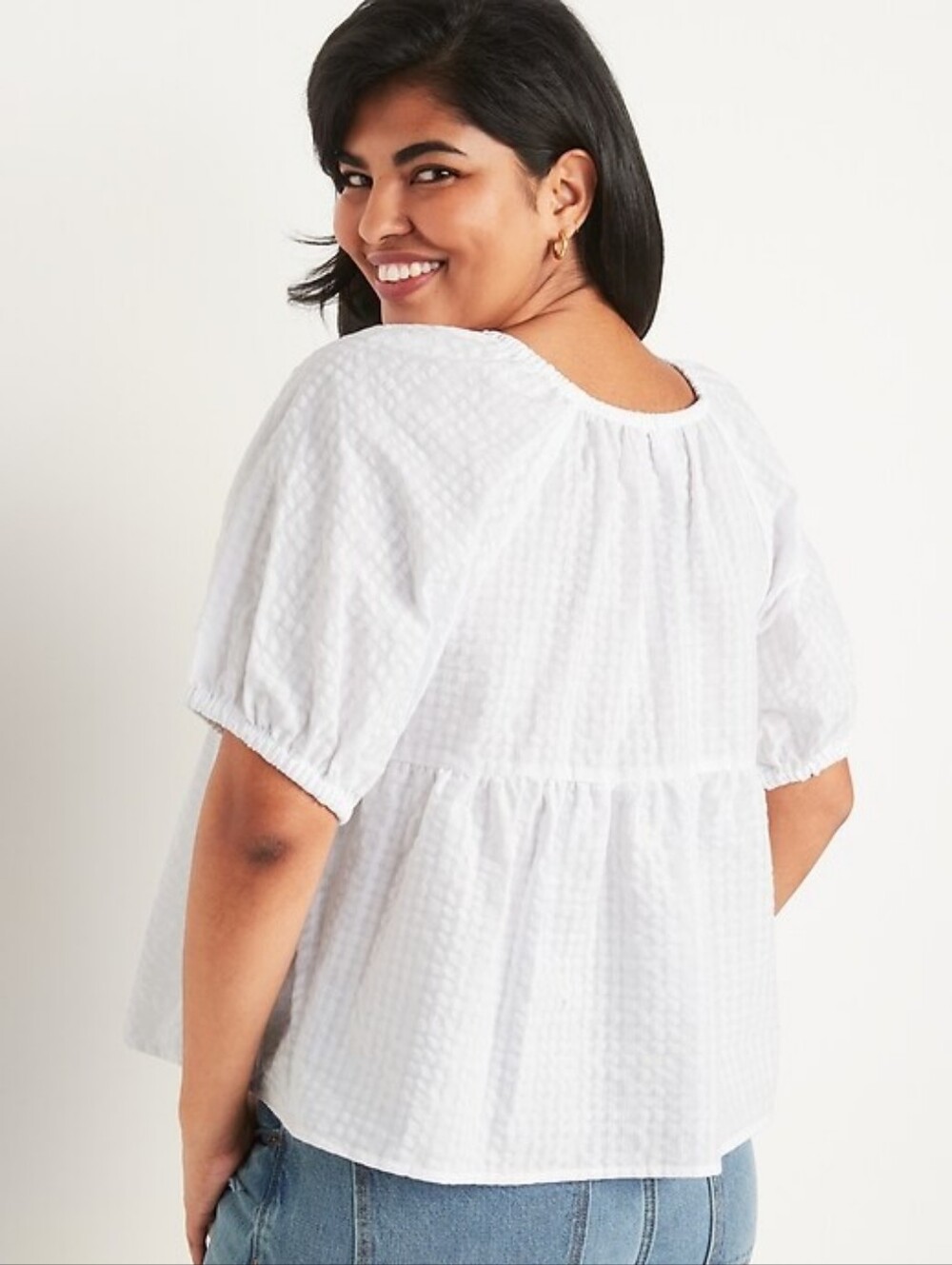 Old Navy Cotton White Puff-Sleeve Seersucker Babydoll Swing Blouse Plus Size 3x - Picture 2 of 8